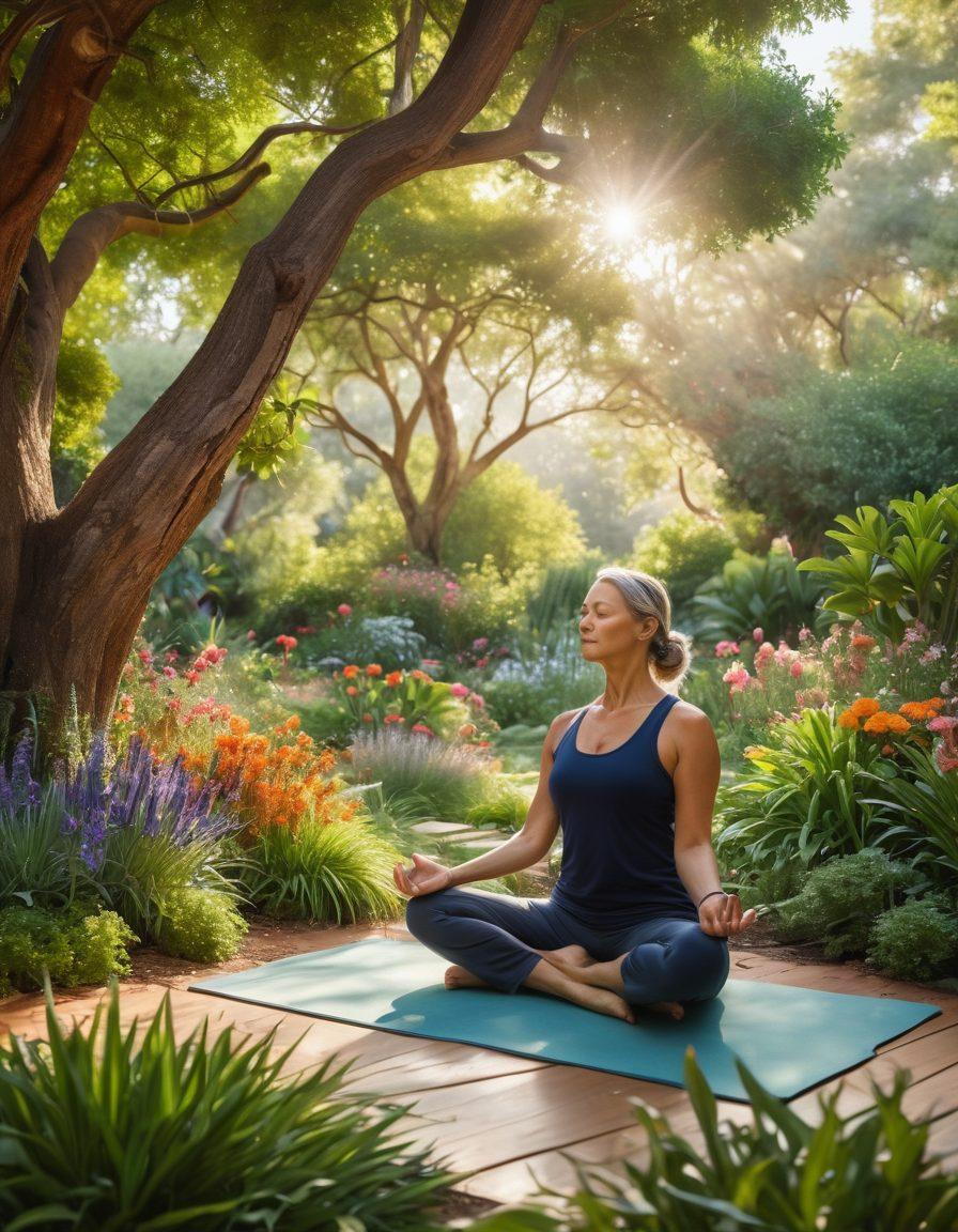 A serene landscape depicting a vibrant garden filled with diverse plants, symbolizing growth and healing, alongside a peaceful yoga session with a cancer survivor in a meditative pose. Include soft sunlight filtering through trees, showcasing tools for holistic wellness like herbal teas and books about lifestyle changes. Emphasize tranquility and resilience. super-realistic. vibrant colors. soothing tones.