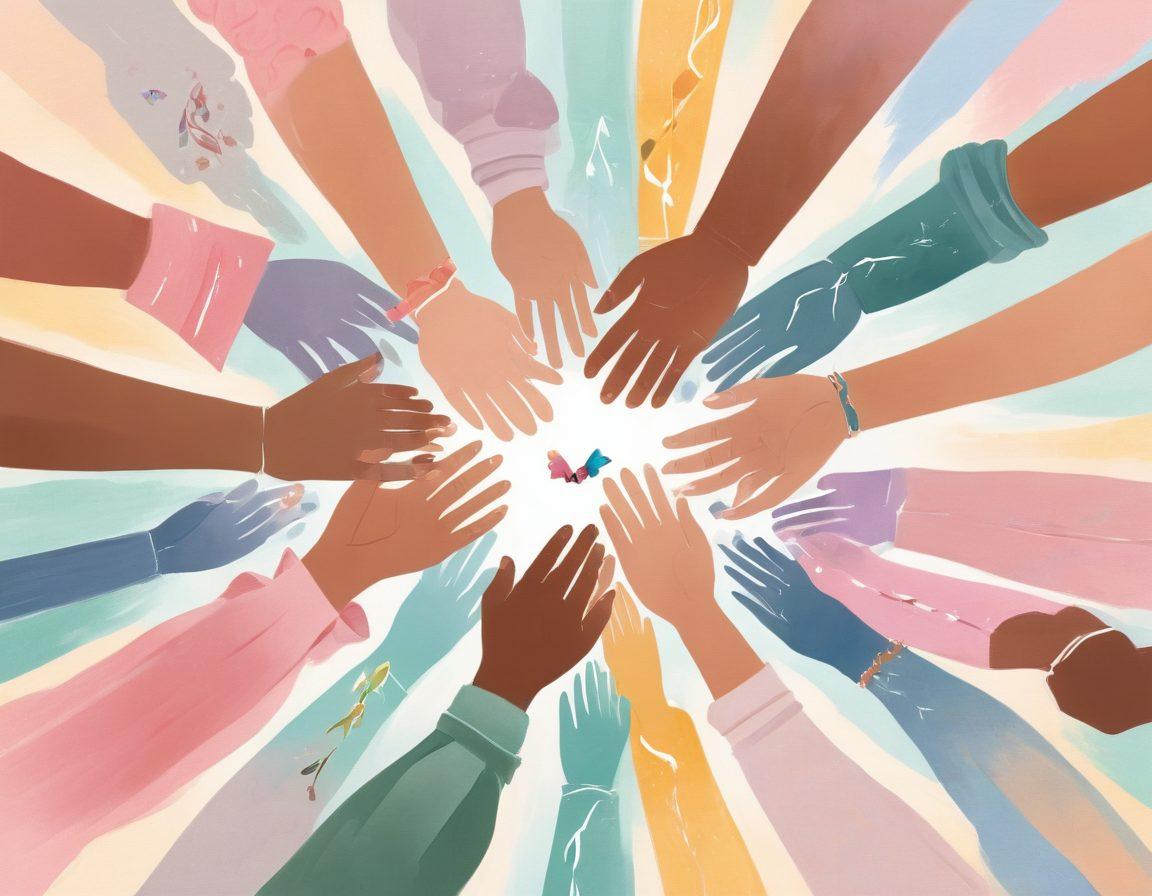 A compassionate scene depicting a diverse group of cancer survivors and advocates in a supportive circle, sharing stories and holding hands. The background features soft, serene colors that evoke hope, with symbols of strength such as ribbons and butterflies subtly incorporated. Include an image of a supportive healthcare professional guiding the conversation. The atmosphere should feel warm and uplifting. vibrant colors. soft-focus. illustration.