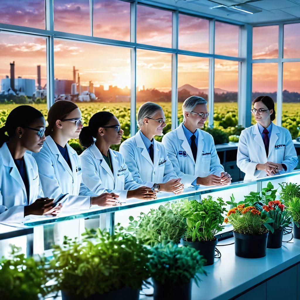 A hopeful scene depicting a diverse group of researchers in a modern lab, surrounded by advanced technology and vibrant displays of cancer cell imagery. Include a large transparent window showing a bright sunrise symbolizing hope, with green plants in the foreground representing life and health. Soft, warm lighting enhances the optimistic atmosphere. super-realistic. vibrant colors. white background.